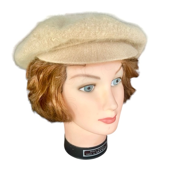 Vintage Y2K Beige Newsboy Hat Angora Wool Eyelash Beret Cap 90s Hepburn Hat - Picture 1 of 6
